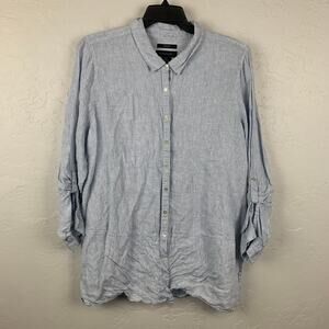 Tahari Linen Top Womens Size 2X Blue Tunic Beachy Collared Roll Up Sleeve